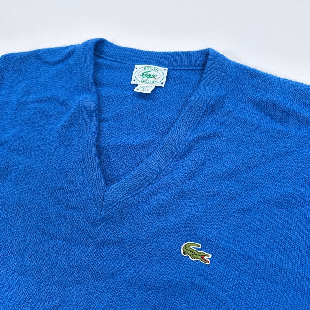 Vintage Izod Lacoste Mens Sweater M Blue V-Neck Orlon Acrylic Preppy Minimalist